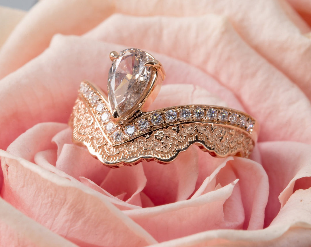 Curved Lace Engagement Ring with Half Eternity Diamonds - Setting Only