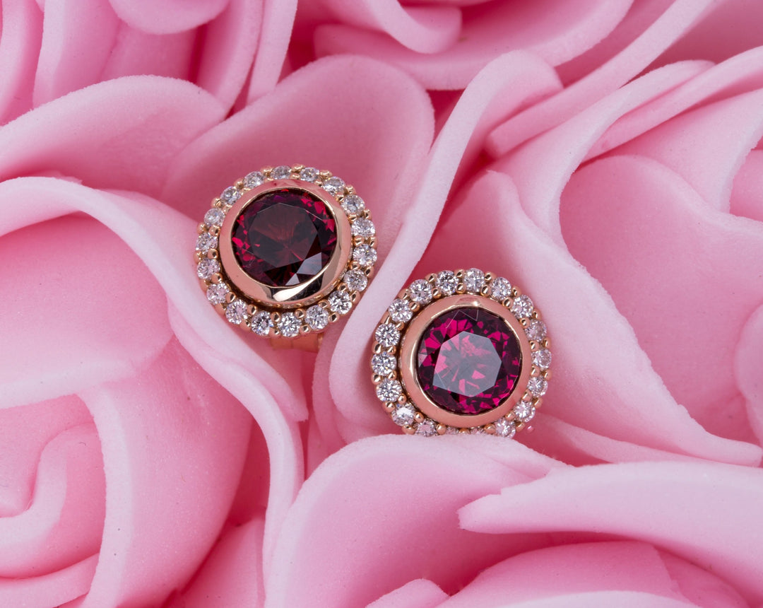 Garnet Stud Earrings with Matching Diamond Halo Jackets