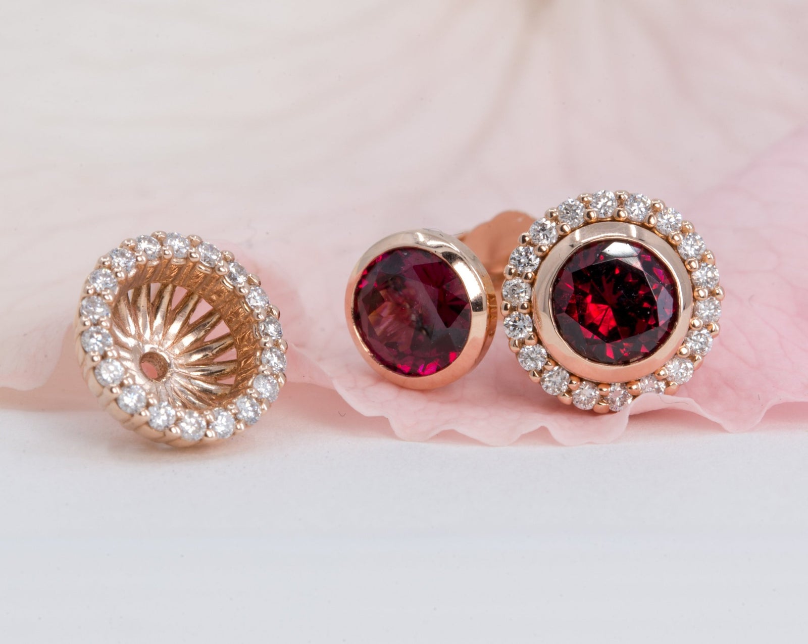Garnet Stud Earrings with Matching Diamond Halo Jackets – view 2